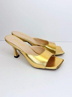 Size 7.5 Women’s Gold Open Toe Mule Heels Square Toe Slip On Kitten Heel FOWT